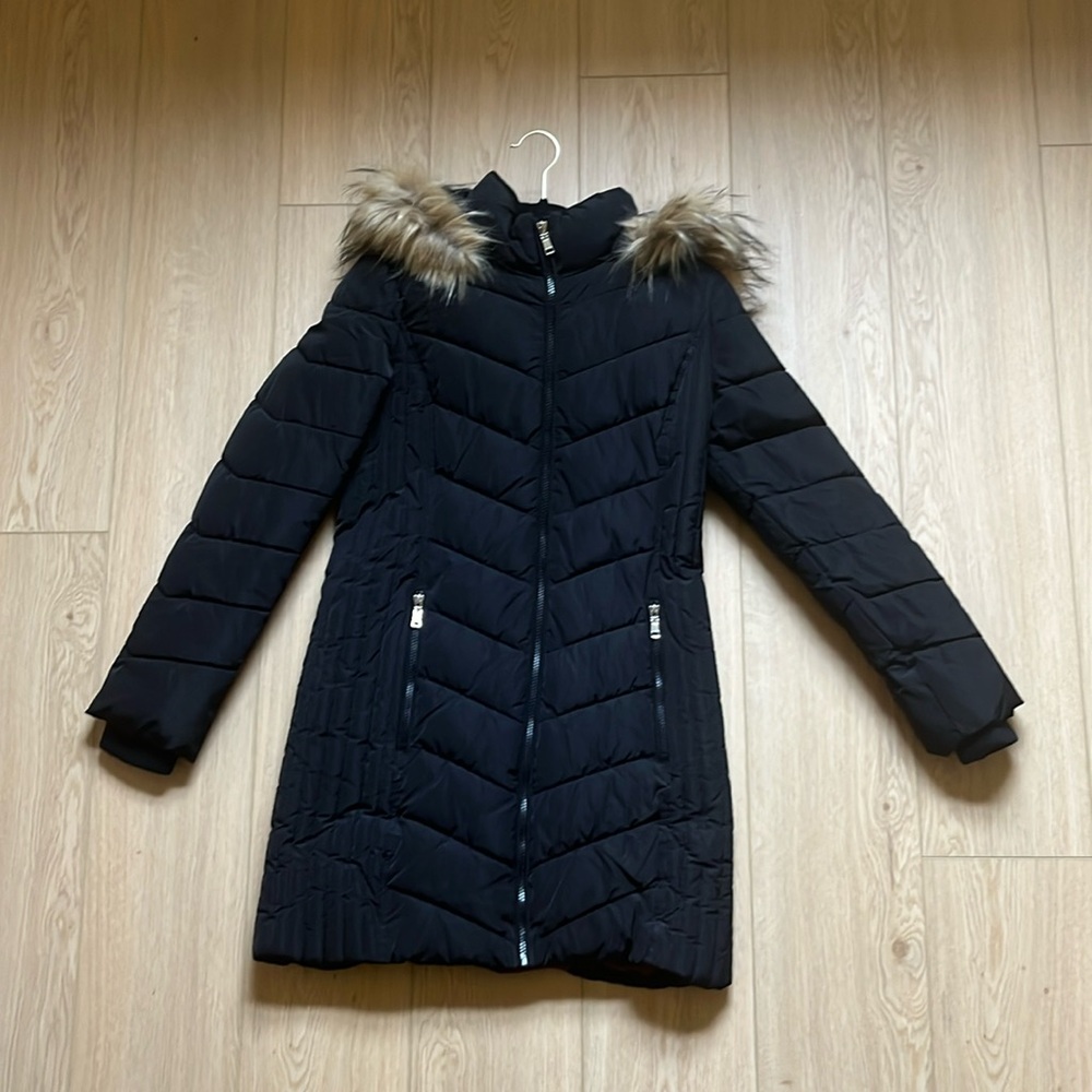 Women's Black Fur-Trimmed Hooded Coat